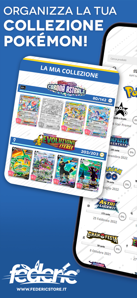 Federicstore - Federicstore mobile app screen showing a collection tracker for Pokemon card sets with progress bars