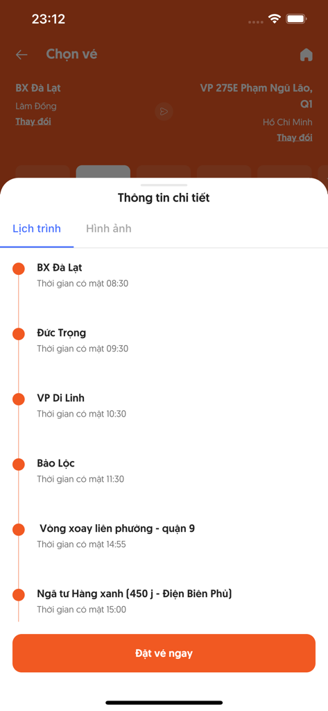 Kumho Samco Buslines - Interface de l'application mobile Kumho Samco Buslines montrant un horaire de route détaillé avec divers points d'arrêt et un bouton de réservation.
