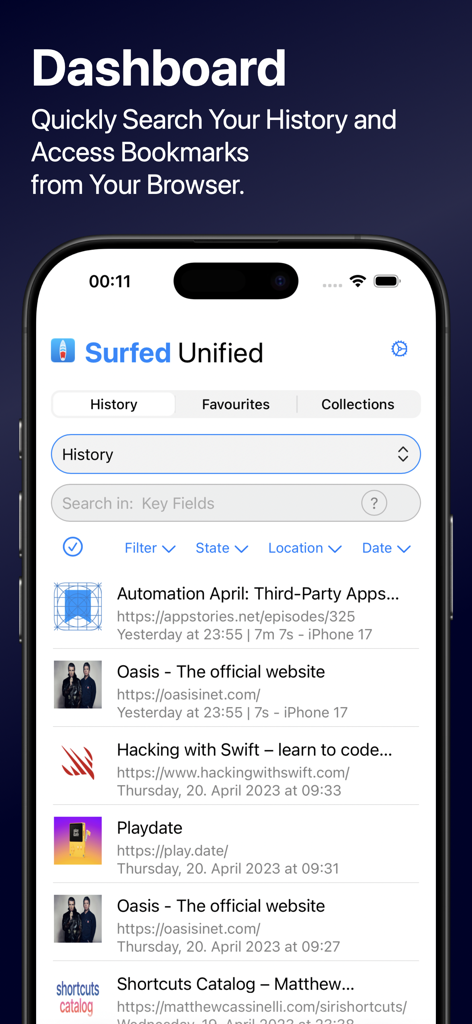 Surfed Pro Browser & Bookmark - Surfed Pro dashboard showing unified browser history and bookmarks search on iPhone
