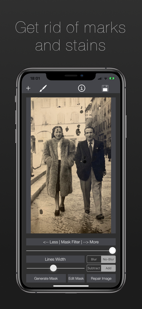 Damaged Photo Restore & Repair - Interface showing how to remove marks and stains from a vintage photo
