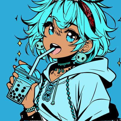 hot baddie anime girl drinking boba and biting the straw