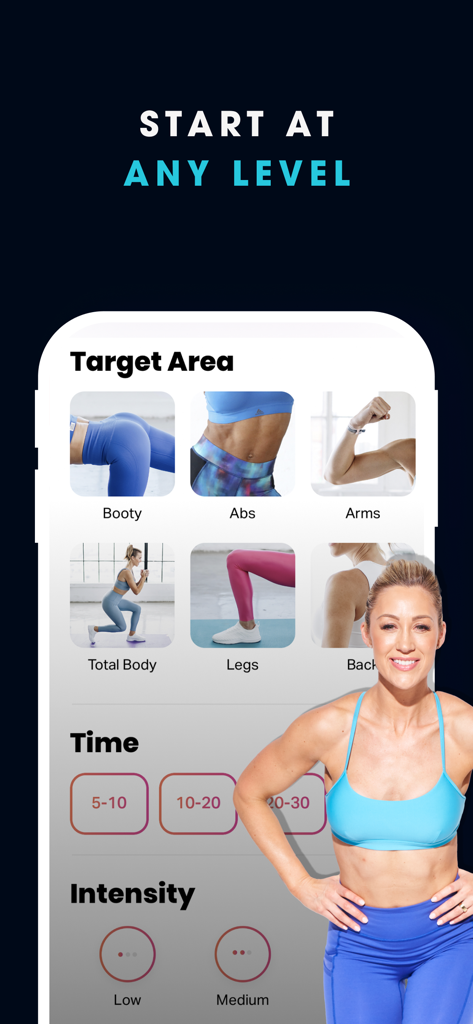 FitOn Workouts & Fitness Plans - FitOn app interface showing workout filters for body area duration and intensity level
