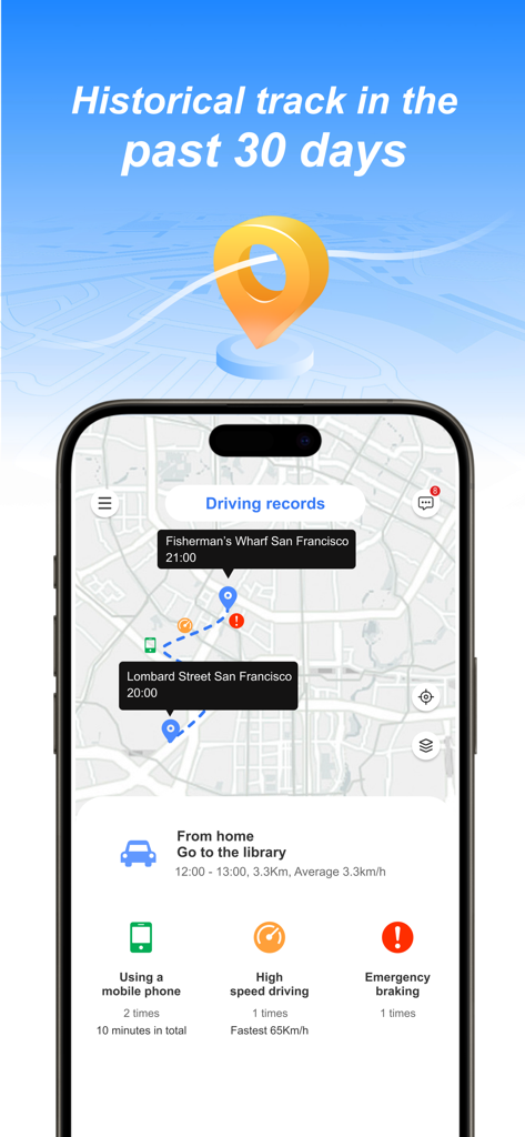 지도에서 과거 운전 기록 및 안전 알림을 보여주는 Family Tracker 앱 스크린샷