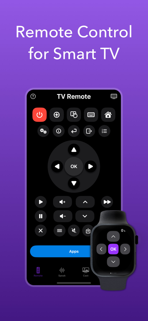 Universal TV remote control app interface displayed on an iPhone and Apple Watch