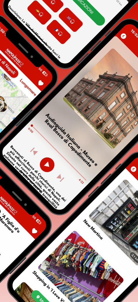 Schermate multiple di smartphone che mostrano le funzionalità dell'app Napoli Pass, incluse audioguide e informazioni turistiche locali