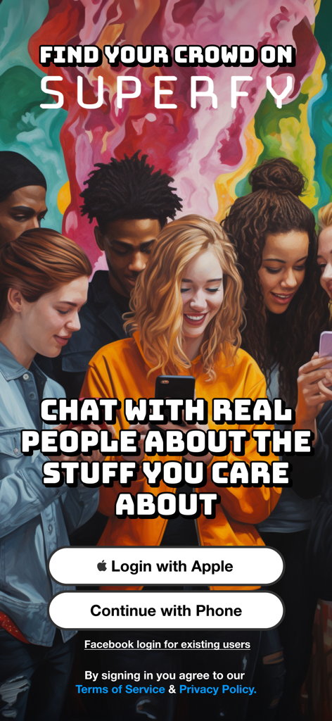 Superfy login screen showing diverse young adults and the slogan Find Your Crowd on Superfy