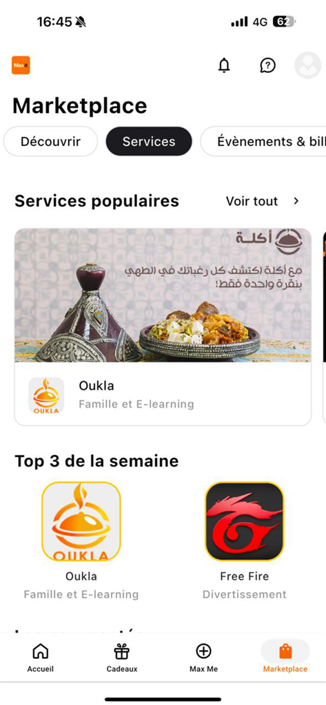 Max it – Maroc - Section Marketplace de l'application Max it – Maroc présentant les services populaires et les jeux mobiles en vedette.