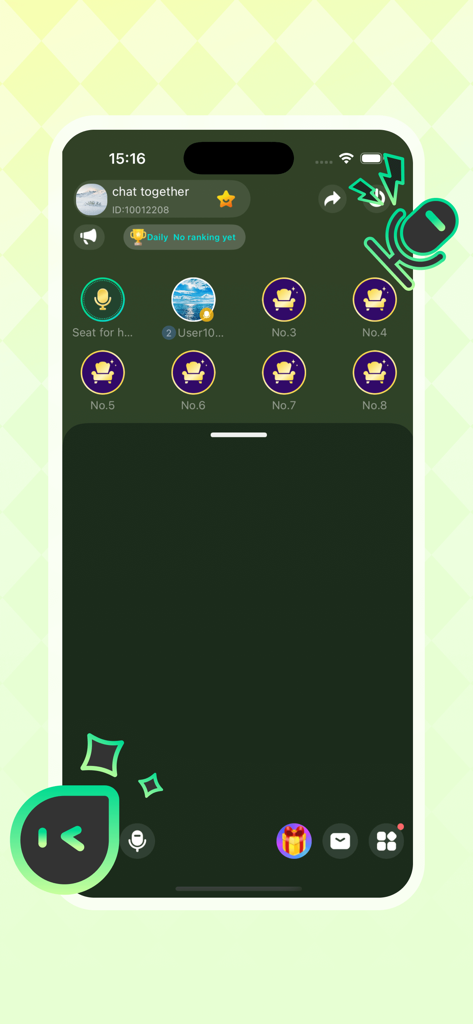 Faby Star mobile app interface showing a live voice chat room with multiple user seats and a microphone icon