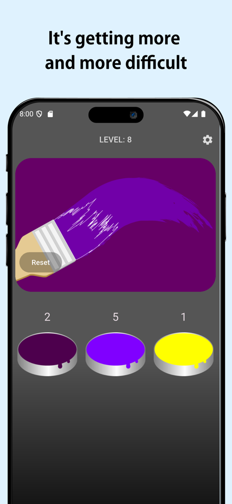 Captura de pantalla de la aplicación Mixing Colors Lab mostrando el nivel 8 con la interfaz de mezcla de pintura morada.