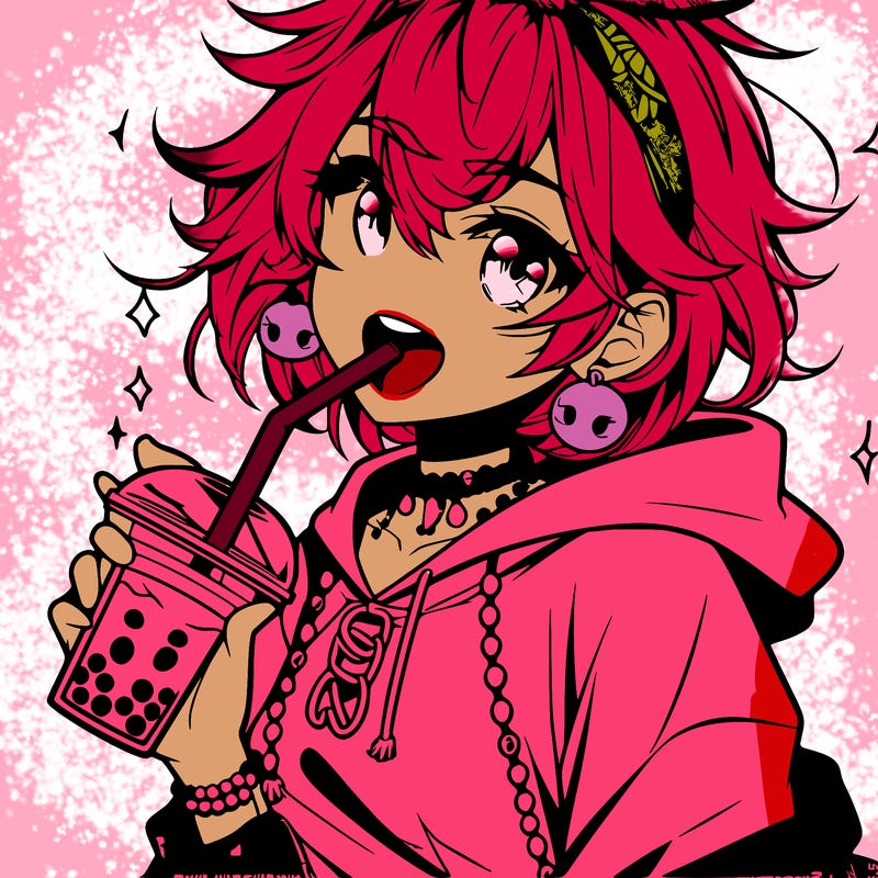 hot baddie anime girl drinking boba and biting the straw