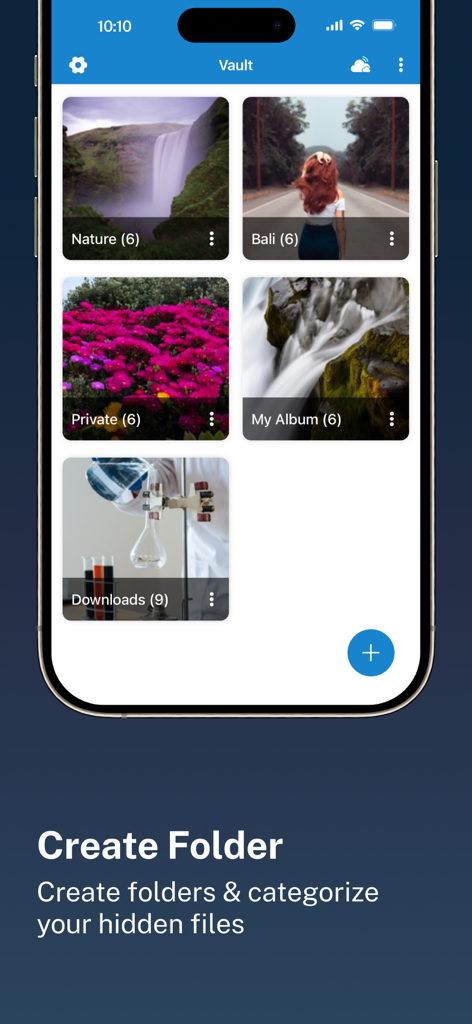 C Vault app interface showing multiple albums for categorizing hidden photos and files