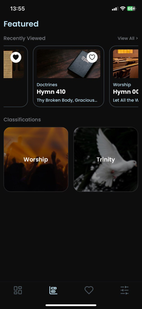 Seventh Day Adventist Hymnal - The featured screen of the Seventh Day Adventist Hymnal app showing recently viewed hymns and song classifications like Worship and Trinity.