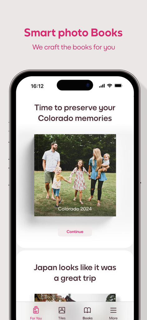 Mixtiles · Tiles & Photo Books - Mixtiles app screen displaying AI generated smart photo book suggestions for family travel memories