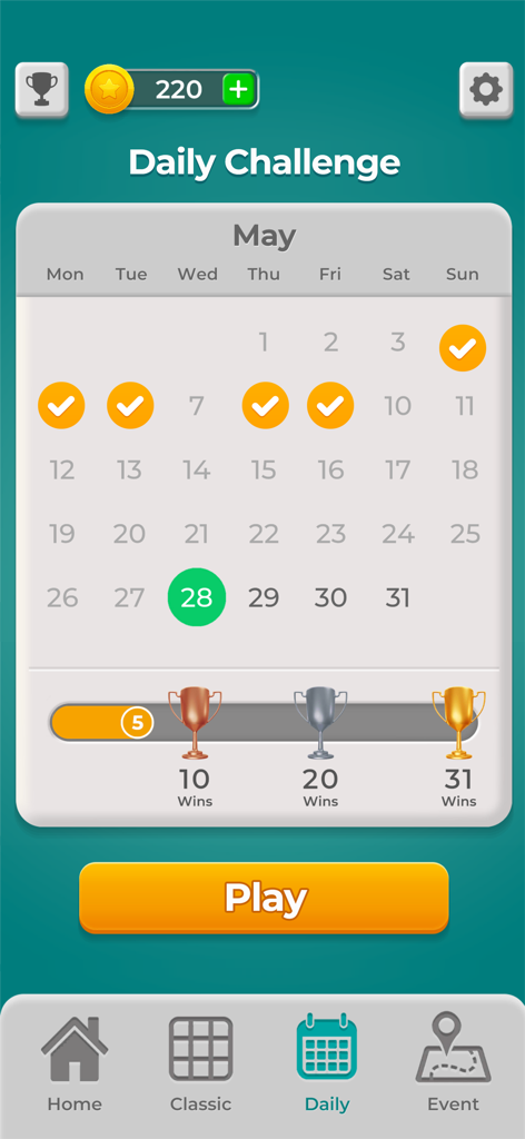 완료된 작업과 트로피 진행 상황을 보여주는 월별 달력이 있는 Minesweeper 게임 일일 도전 과제 화면