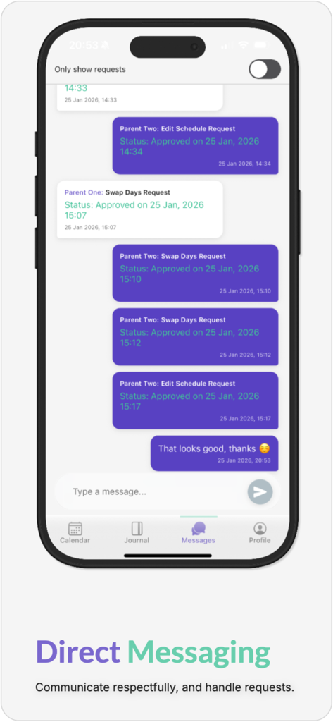 CoPals - Interfaz de mensajería directa de la aplicación CoPals que muestra un historial de chat con solicitudes aprobadas de intercambio de custodia y horario entre padres.