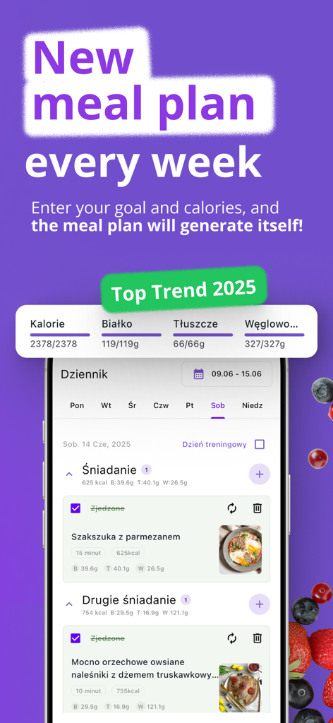 Fitollo app interface showing an automated weekly meal plan with calorie and macro tracking for women.
