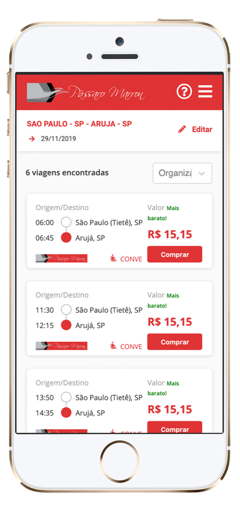 Resultados de búsqueda de viajes en autobús en la interfaz de la aplicación móvil Passaro Marron