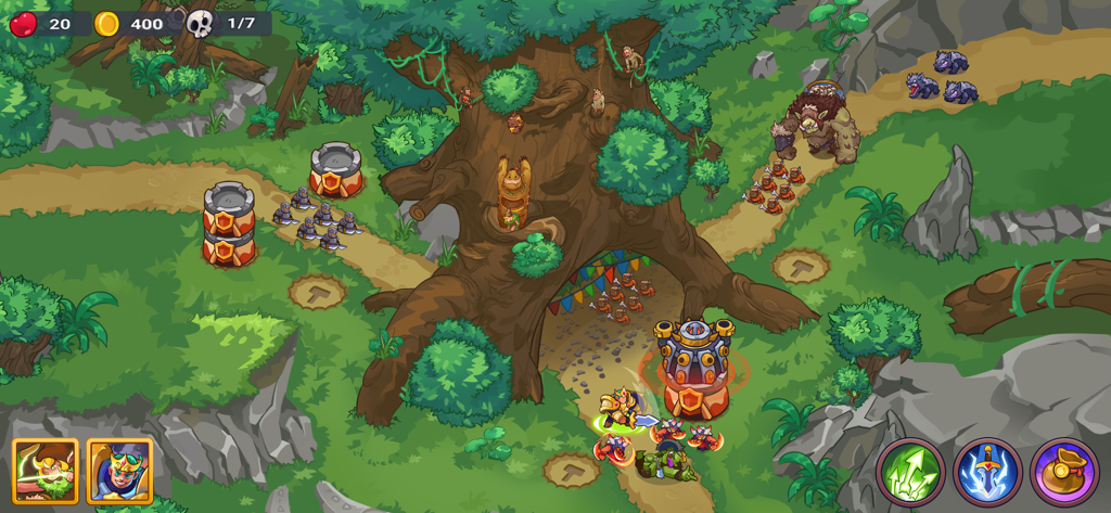 King of Defense 2: Castle TD - A tactical tower defense battle in a lush forest showing heroes and fused towers defending against orcs and wolves.