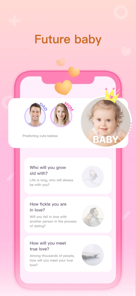 Screenshot of the Life Key app showing a future baby AI prediction and personality tests about love and relationships