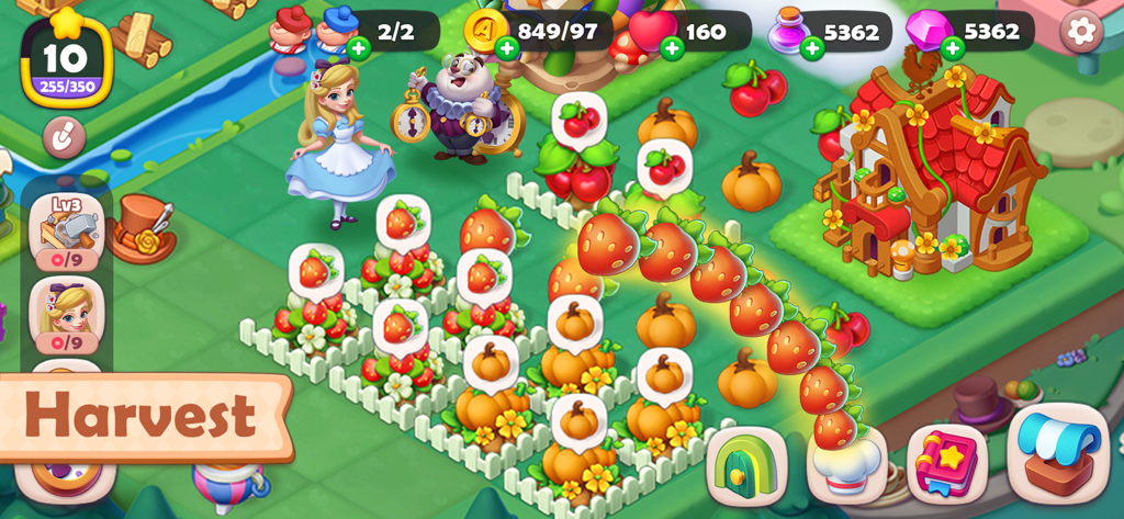 Alice's Mergeland - Alice and the White Rabbit harvesting strawberries in Alices Mergeland mobile game