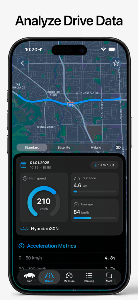 SpeedGPS - Drive & Measure - Tela do aplicativo SpeedGPS mostrando uma rota de mapa com métricas de desempenho como velocidade máxima e distância