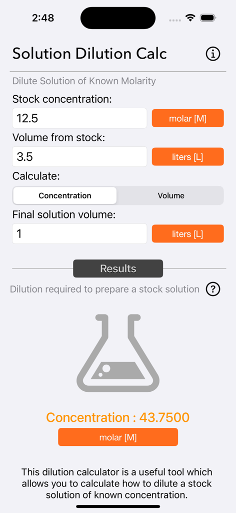 Solution Dilution Calculator - Interface utilisateur de l'application Calculateur de Dilution de Solutions pour le travail en laboratoire scientifique