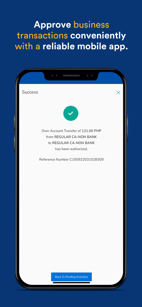 A mobile screenshot of the BDO Business app showing a success message for a bank transaction authorization.
