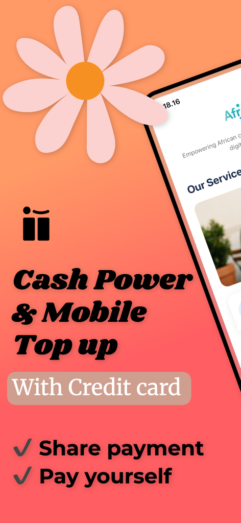 AfriiPay - AfriiPay promotional screen for cash power and mobile top up using a credit card