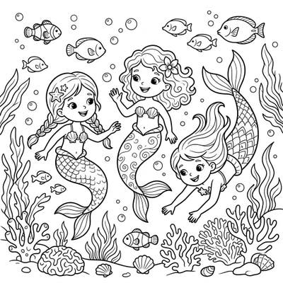Bring a vibrant splash of color to this delightful scene featuring three playful child mermaids exploring their underwater kingdom. Perfect for kids aged 4-8, this free printable coloring page promises hours of creative fun and imagination.