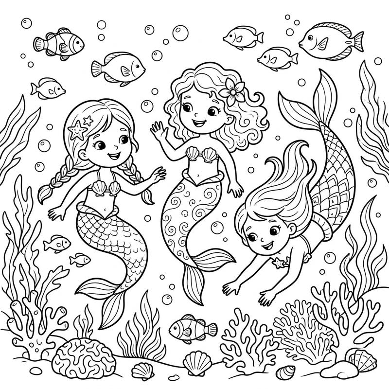Bring a vibrant splash of color to this delightful scene featuring three playful child mermaids exploring their underwater kingdom. Perfect for kids aged 4-8, this free printable coloring page promises hours of creative fun and imagination.