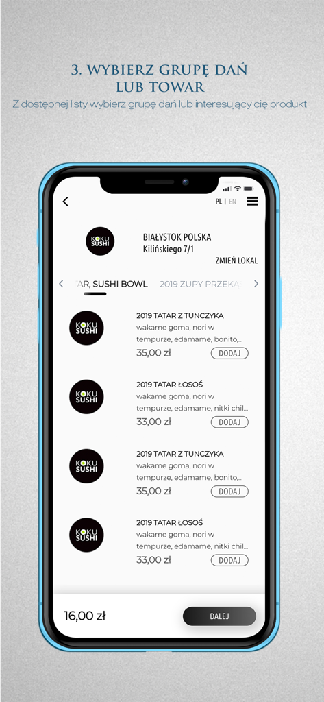 Koku Sushi - Interfaz de la app móvil Koku Sushi que muestra un menú con platos de tartar de atún y salmón y precios.