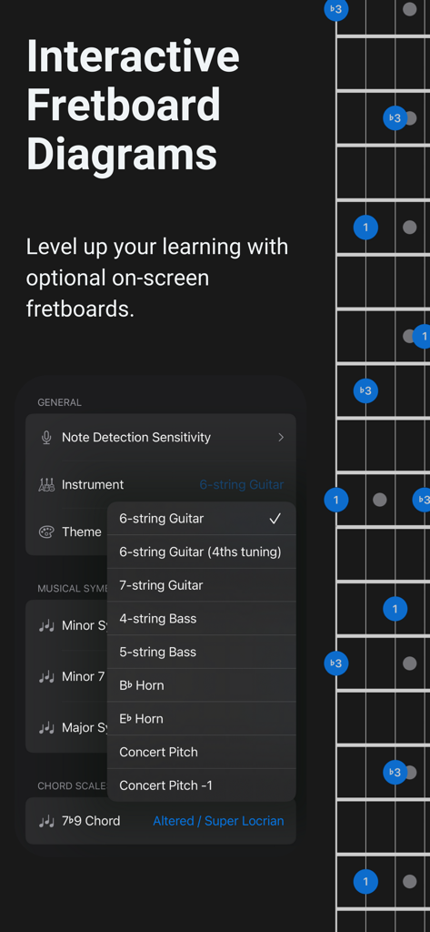 Solo - Fretboard Visualization - Interactive fretboard visualization and instrument selection menu showing guitar and bass options
