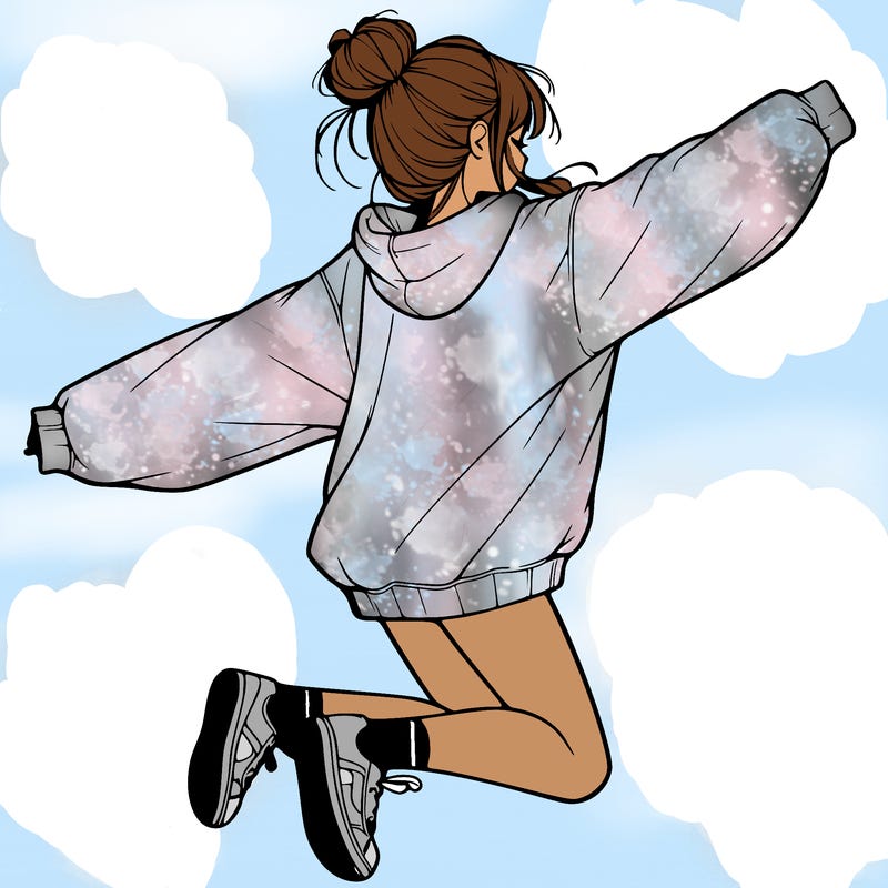 realistic girl jumping with a bun and oversized sweatshirt