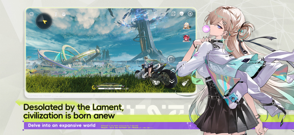 Wuthering Waves — To Lahai-Roi - Personaje de anime con chicle junto a una captura de pantalla del juego que muestra un paisaje futurista y exploración en motocicleta en Wuthering Waves.