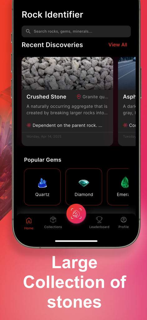 Rock Identifier: Stone ID AI - Screenshot of the Rock Identifier app showing recent discoveries popular gems like quartz and diamond and a collection manager