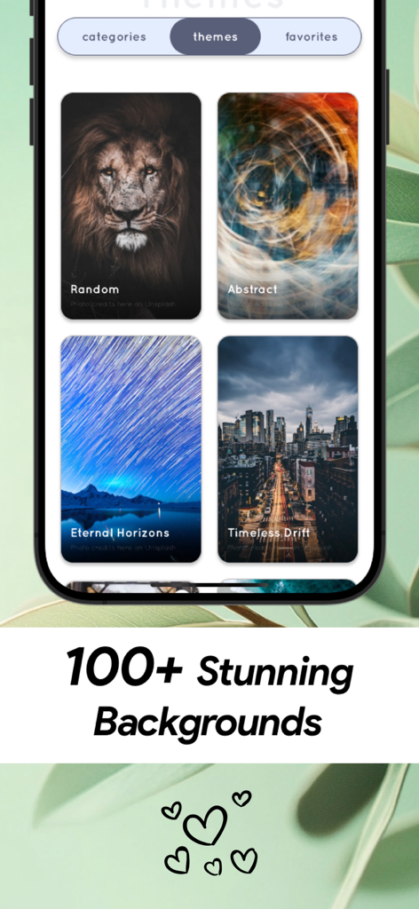Positive Affirmations: Uplift - Mobile screen showing a variety of aesthetic background themes for the Uplift positive affirmations app including nature and cityscapes