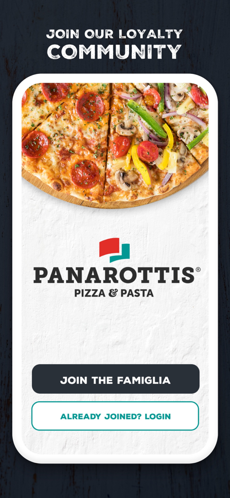 Panarottis app welcome screen for joining the loyalty program featuring a pepperoni and vegetable pizza