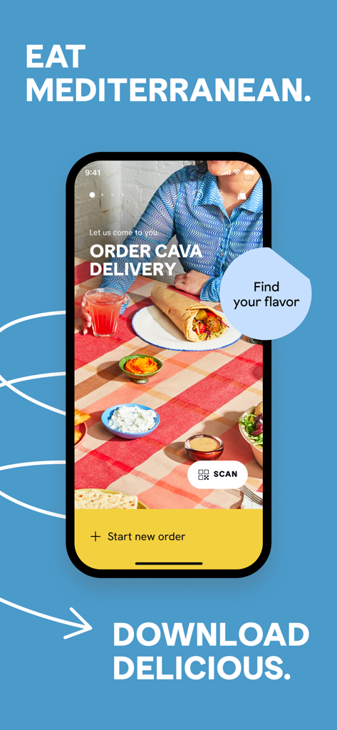 CAVA | Order Online - Smartphone displaying the CAVA app home screen with Mediterranean food and delivery options