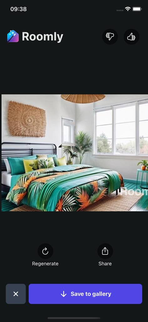 Home Design AI: Roomly - A screenshot of the Roomly app showing an AI-generated tropical bedroom design with palm leaf patterns and bohemian decor.