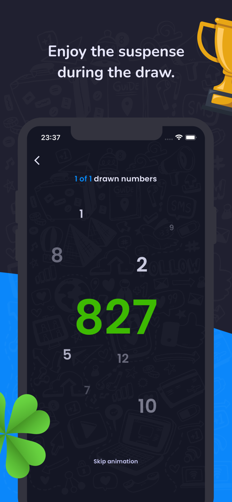 Random generator number - Schermata di un generatore di numeri casuali dell'app che mostra il risultato 827 con un trofeo e un quadrifoglio