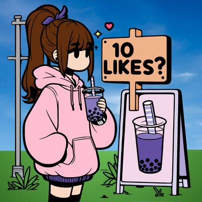 girl with oversized hoodie drinking boba and she has a high ponytail with a sign that says 10likes?