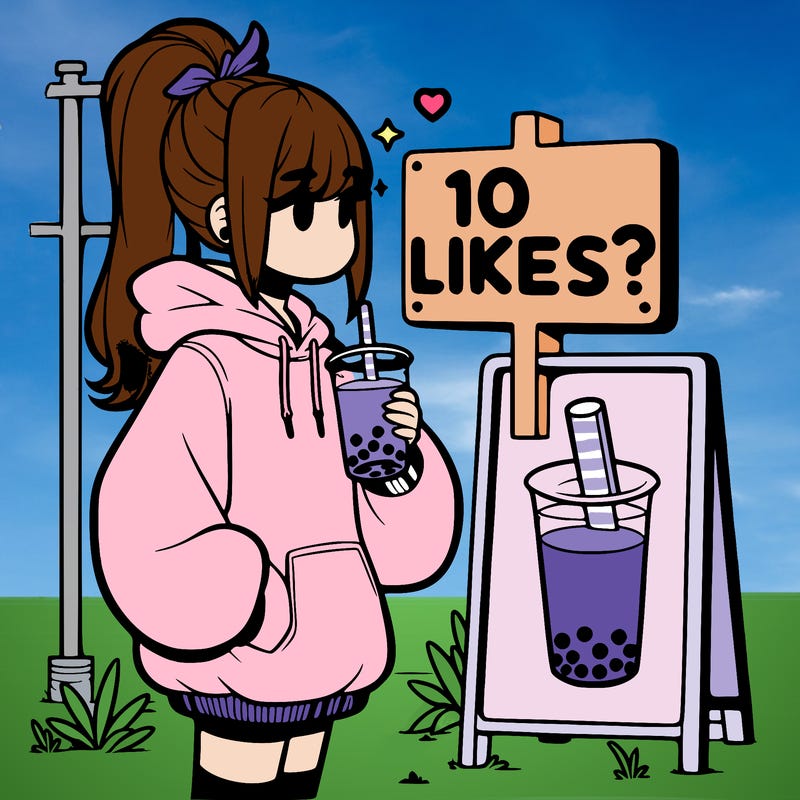 girl with oversized hoodie drinking boba and she has a high ponytail with a sign that says 10likes?