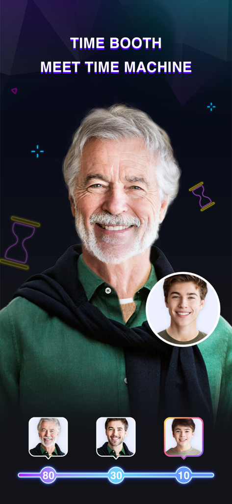 Aging filter interface in OPixels showing a man at ages 10, 30, and 80 using the Time Booth feature