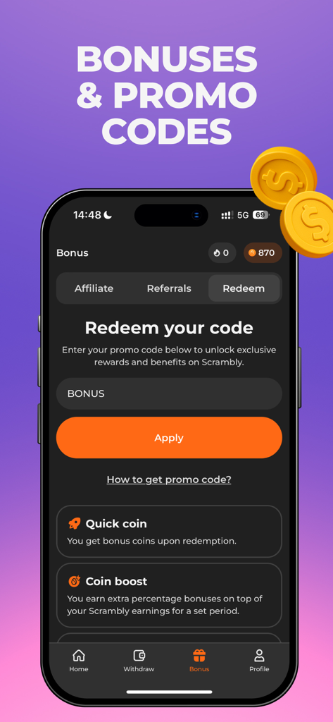 Écran de saisie de code promotionnel dans l'application Scrambly pour gagner des pièces bonus.