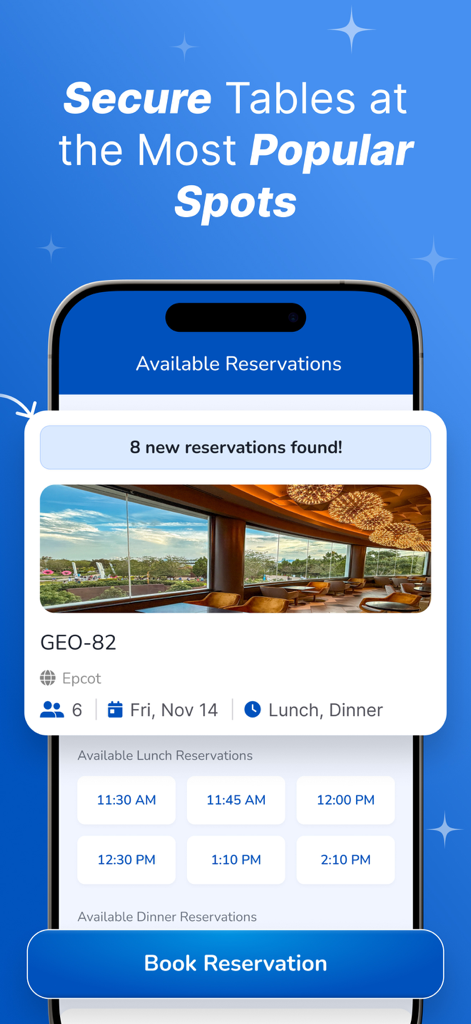 DreamTable: Mouse Watcher - DreamTable app showing available Disney dining reservation time slots at Epcot with a book reservation button.