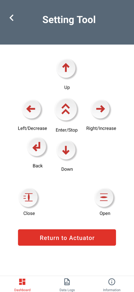 Rotork IQ3 Pro Actuator App - Interfaz de la herramienta de configuración virtual de la aplicación Rotork IQ3 Pro Actuator mostrando botones de control remoto