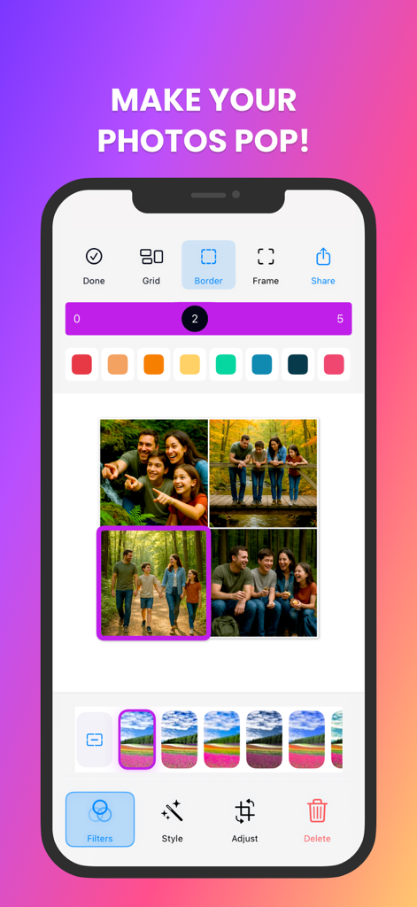 Easy Pic app interface for creating a photo collage with customizable borders and filters