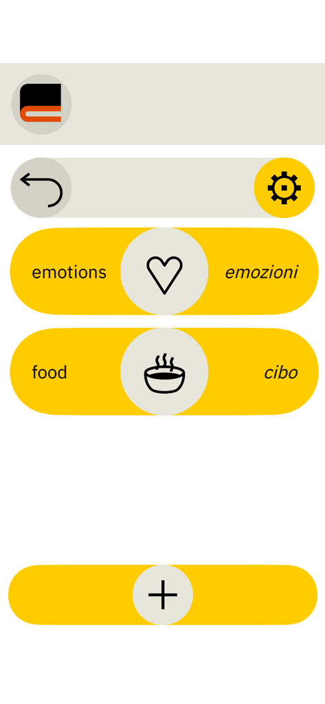 Calepino - Calepino app interface showing bilingual categories for emotions and food with icons