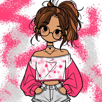 girl with a messy ponytail glasses a baggy crop top and jean shorts