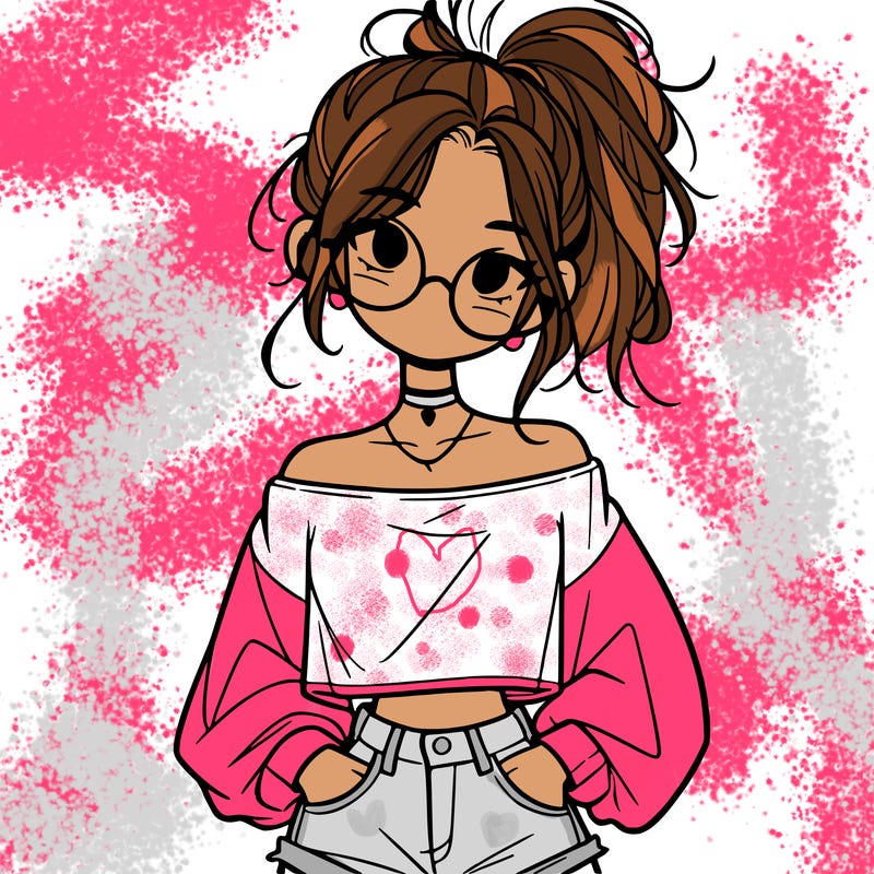 girl with a messy ponytail glasses a baggy crop top and jean shorts